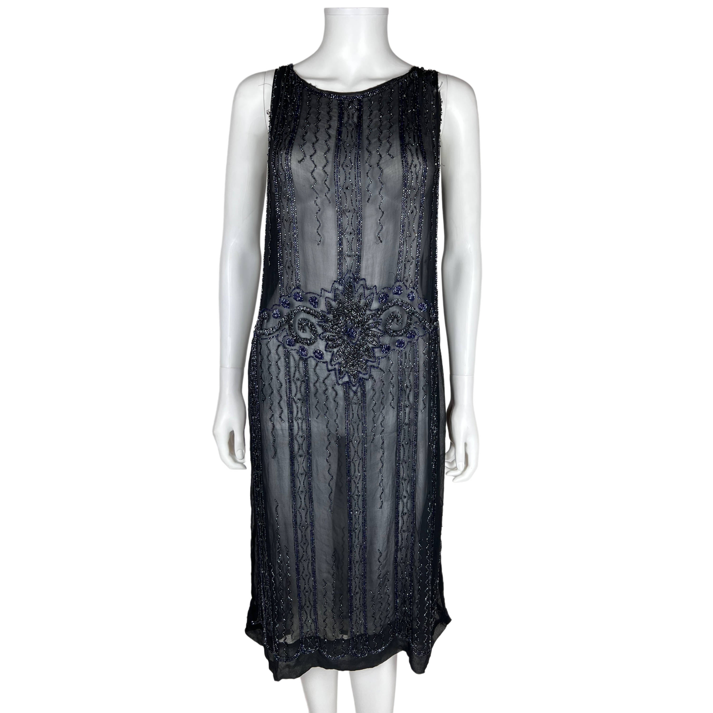 Vintage 1920s Flapper Dress Beaded Silk Chiffon Size M