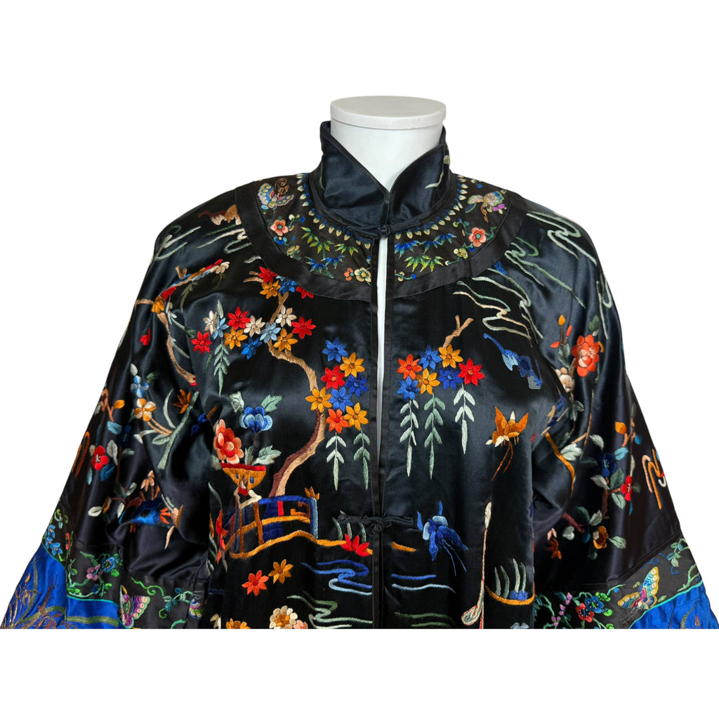 1920s Chinese Silk Robe Hand Embroidered Butterflies Flowers