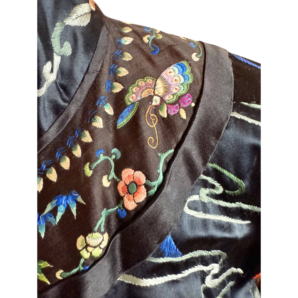 1920s Chinese Silk Robe Hand Embroidered Butterflies Flowers