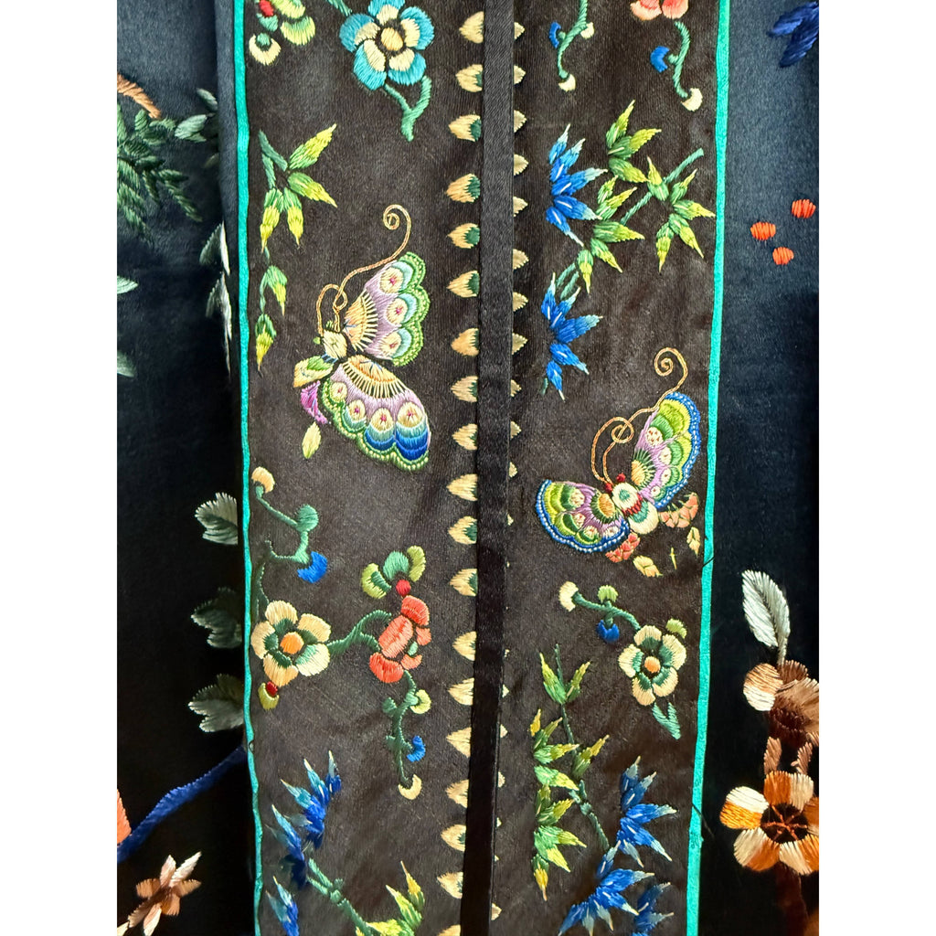 1920s Chinese Silk Robe Hand Embroidered Butterflies Flowers