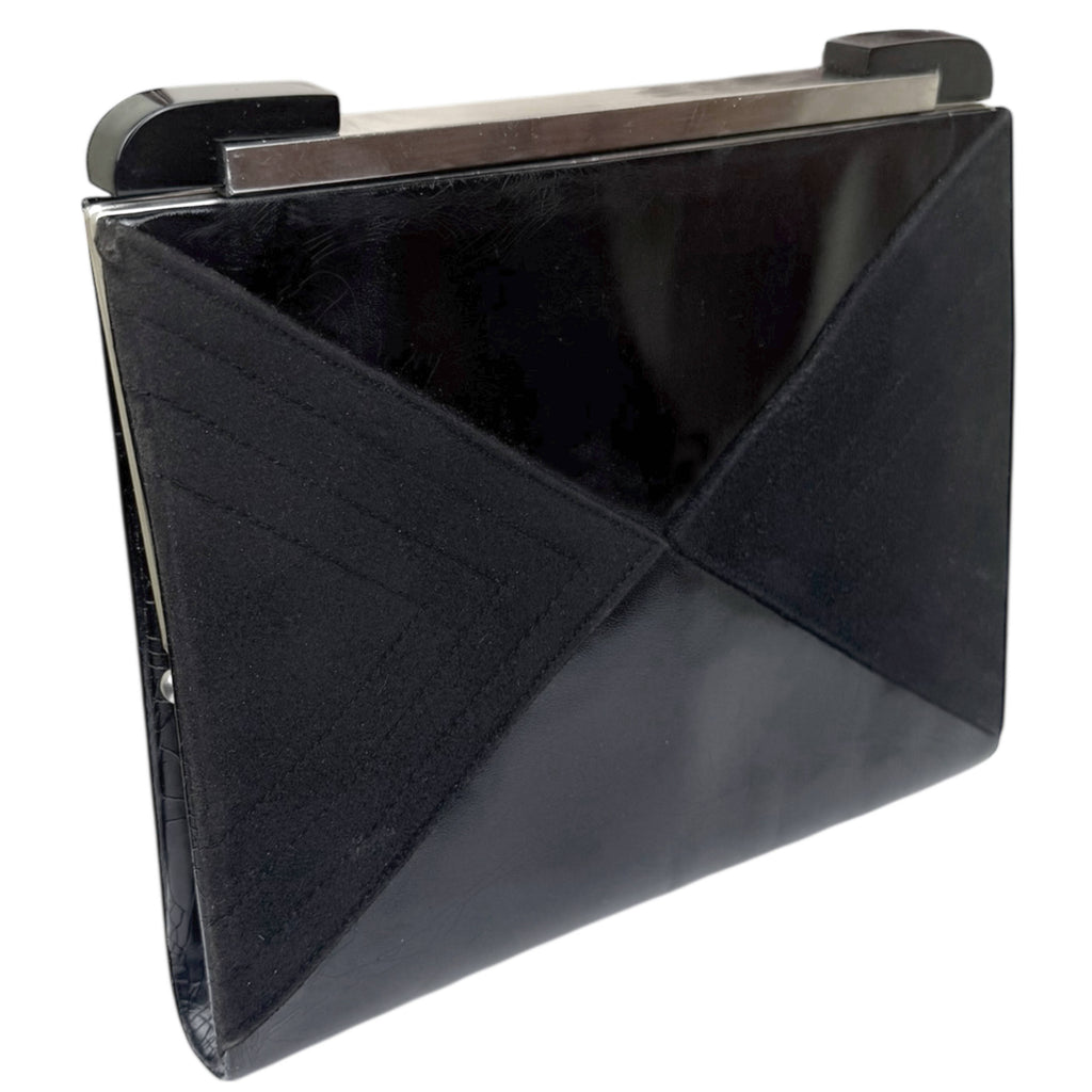 1920s French Art Deco Clutch Purse Leather & Suede w Bakelite Cornered Chrome Frame