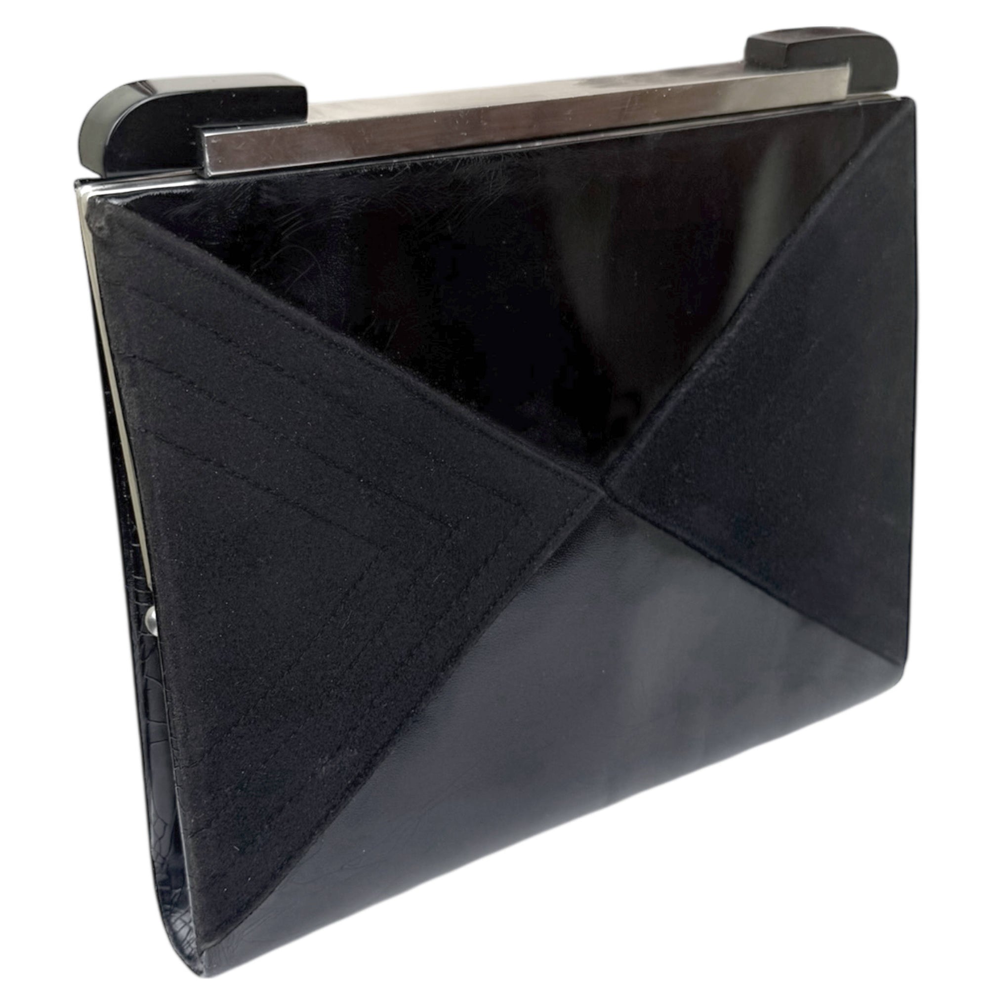 1920s French Art Deco Clutch Purse Leather & Suede w Bakelite Cornered Chrome Frame