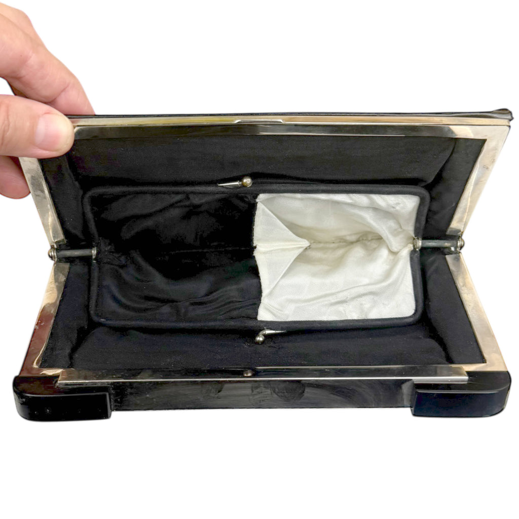 1920s French Art Deco Clutch Purse Leather & Suede w Bakelite Cornered Chrome Frame