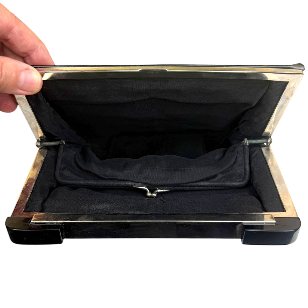 1920s French Art Deco Clutch Purse Leather & Suede w Bakelite Cornered Chrome Frame