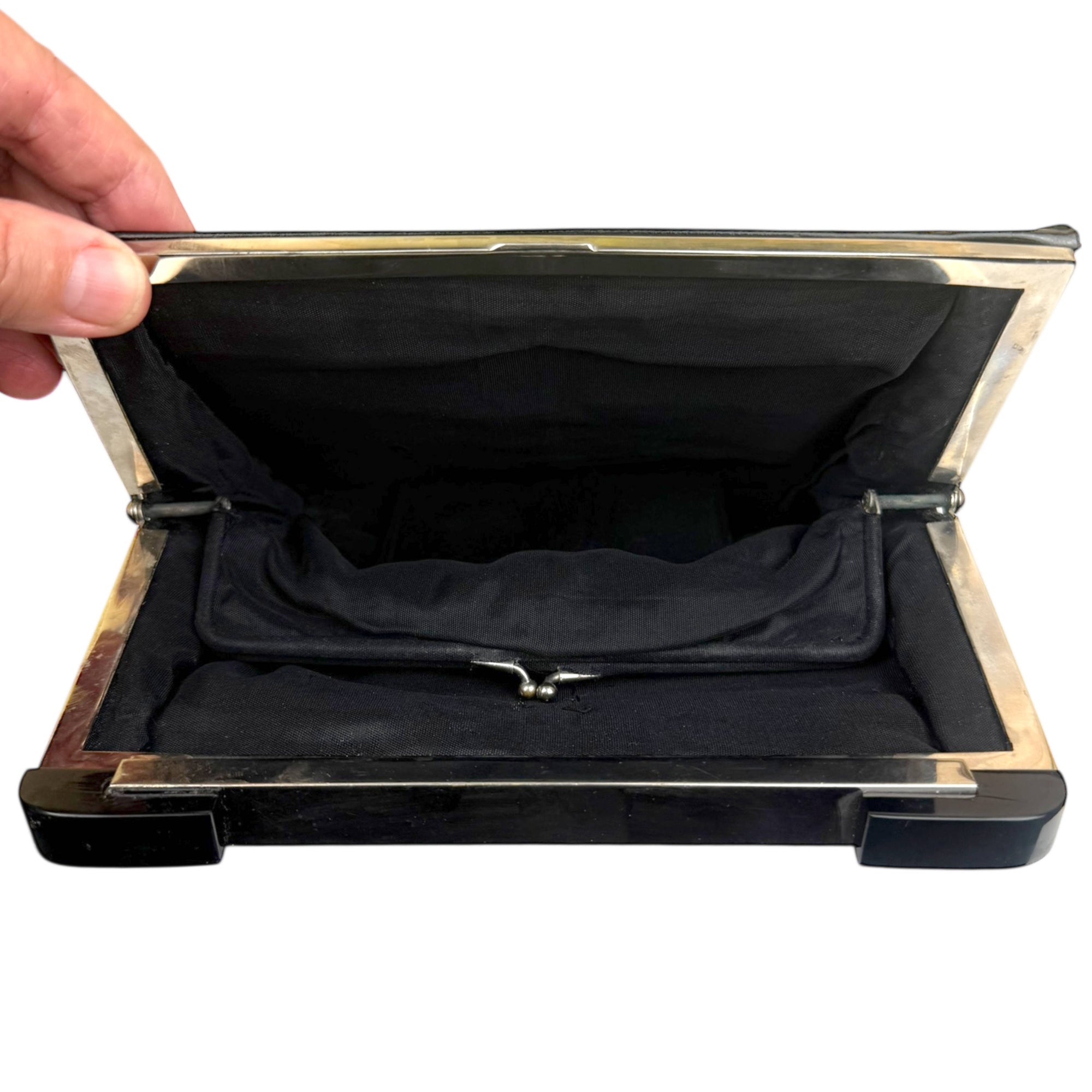 1920s French Art Deco Clutch Purse Leather & Suede w Bakelite Cornered Chrome Frame