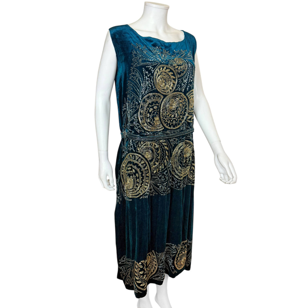 Vintage 1920s Beaded Dress Gold Beading on Blue Velvet Sz M