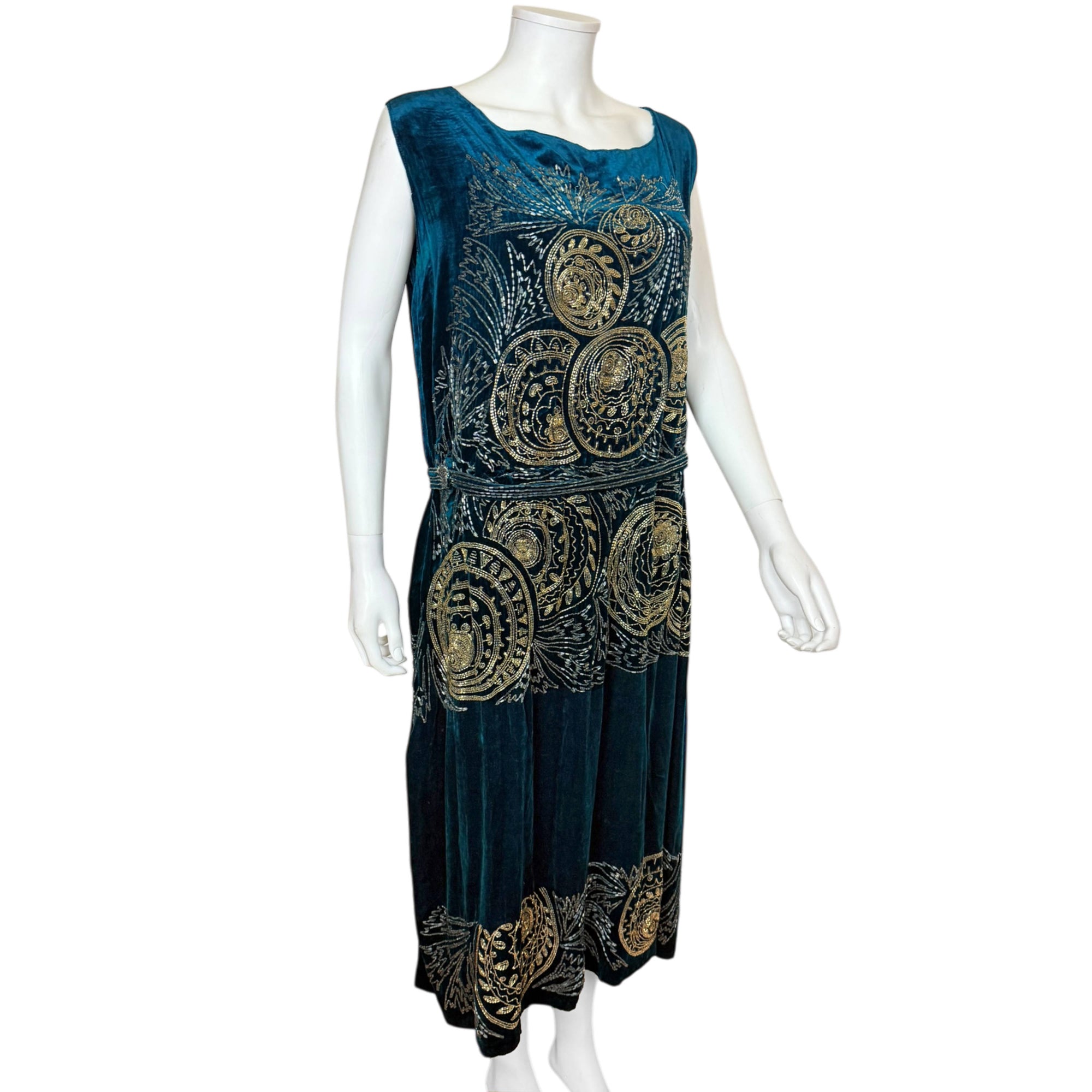 Vintage 1920s Beaded Dress Gold Beading on Blue Velvet Sz M
