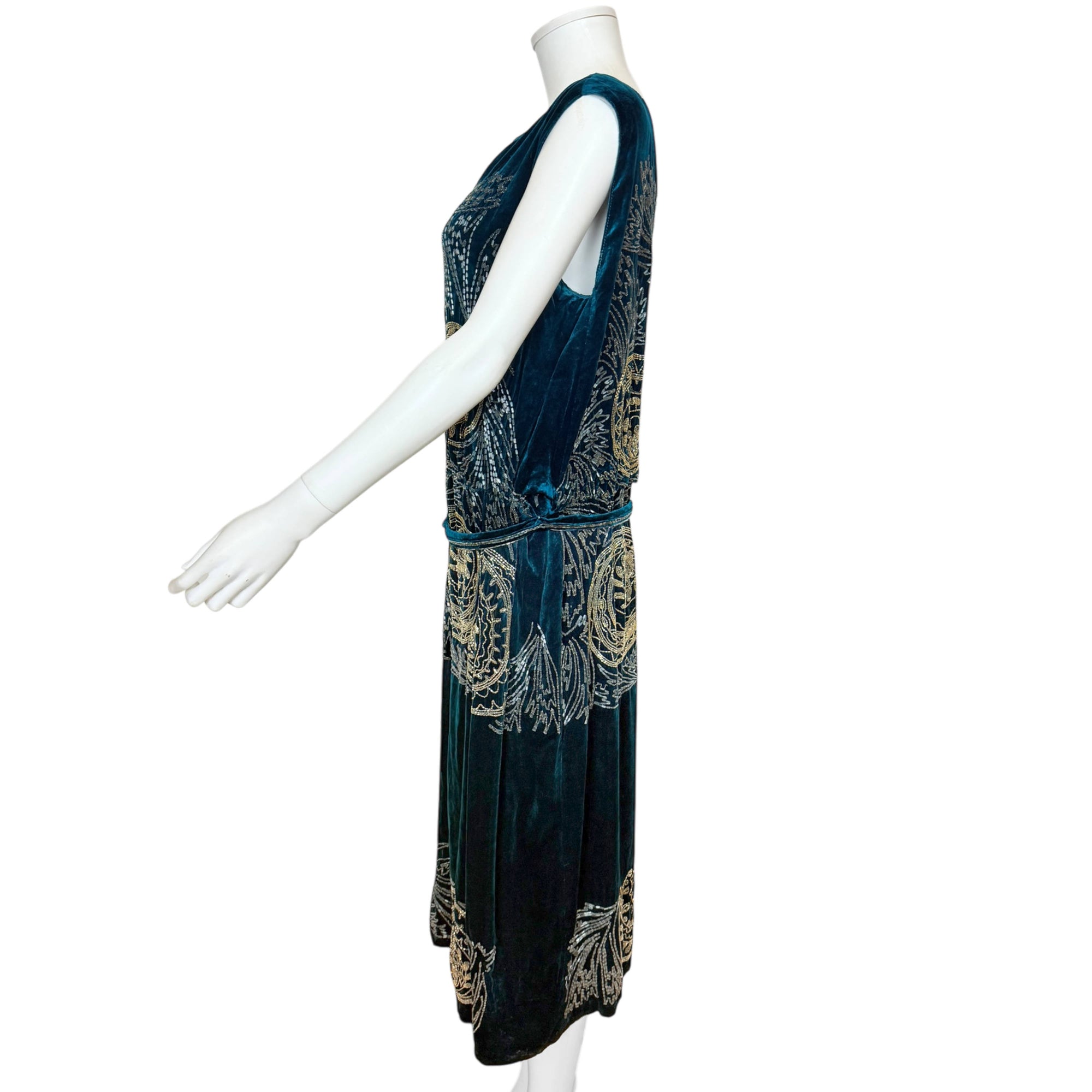 Vintage 1920s Beaded Dress Gold Beading on Blue Velvet Sz M