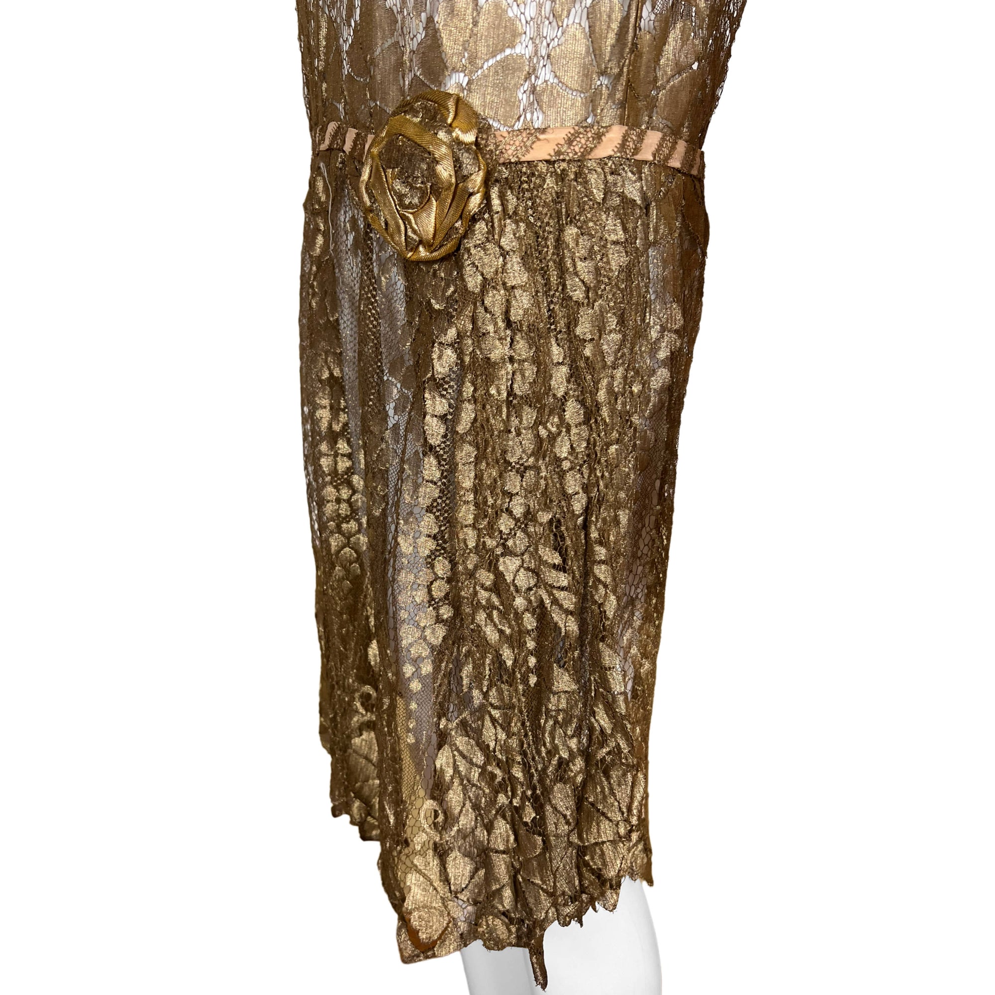 Vintage 1920s Flapper Dress Gold Metallic Lace Size M