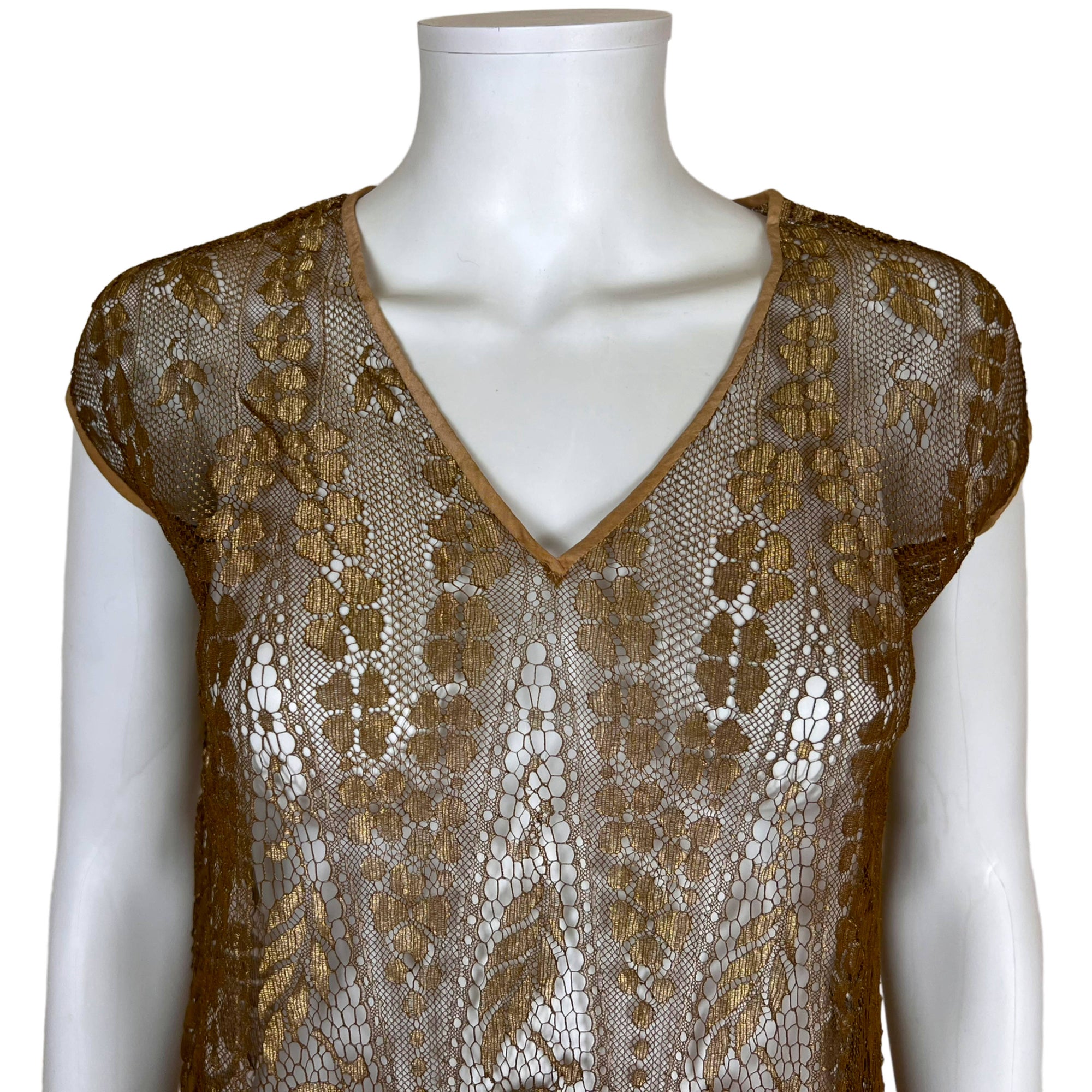 Vintage 1920s Flapper Dress Gold Metallic Lace Size M