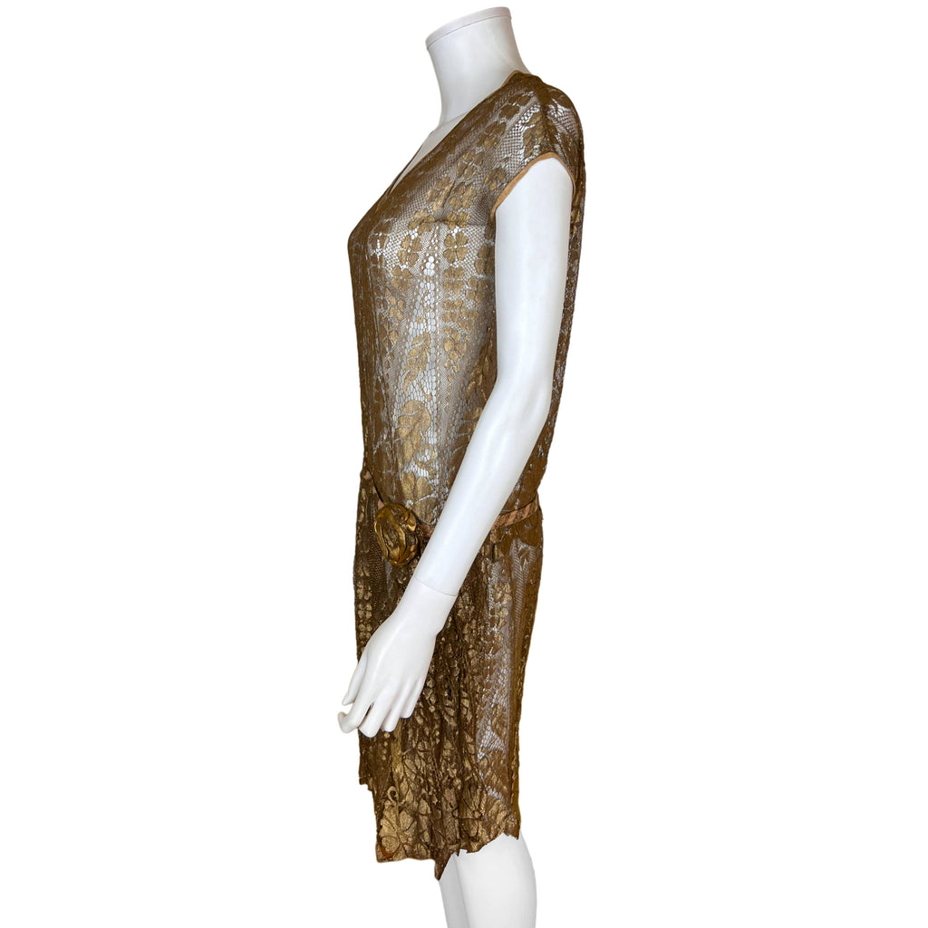 Vintage 1920s Flapper Dress Gold Metallic Lace Size M