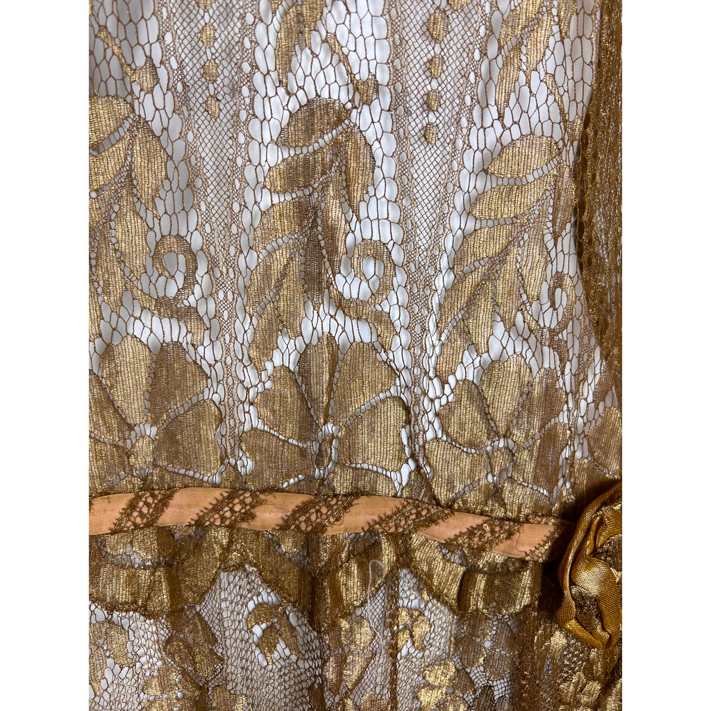 Vintage 1920s Flapper Dress Gold Metallic Lace Size M