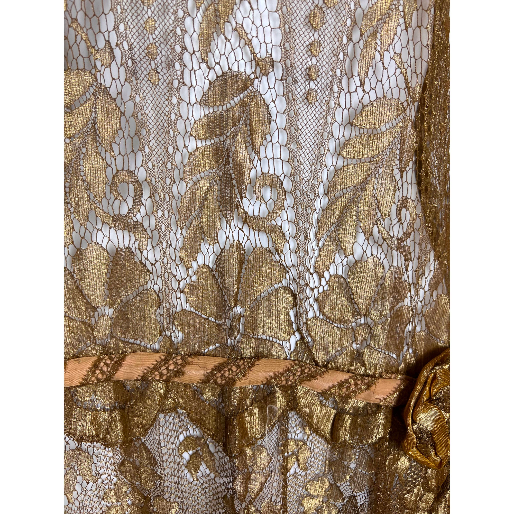 Vintage 1920s Flapper Dress Gold Metallic Lace Size M