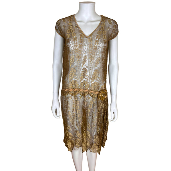 Vintage 1920s Flapper Dress Gold Metallic Lace Size M