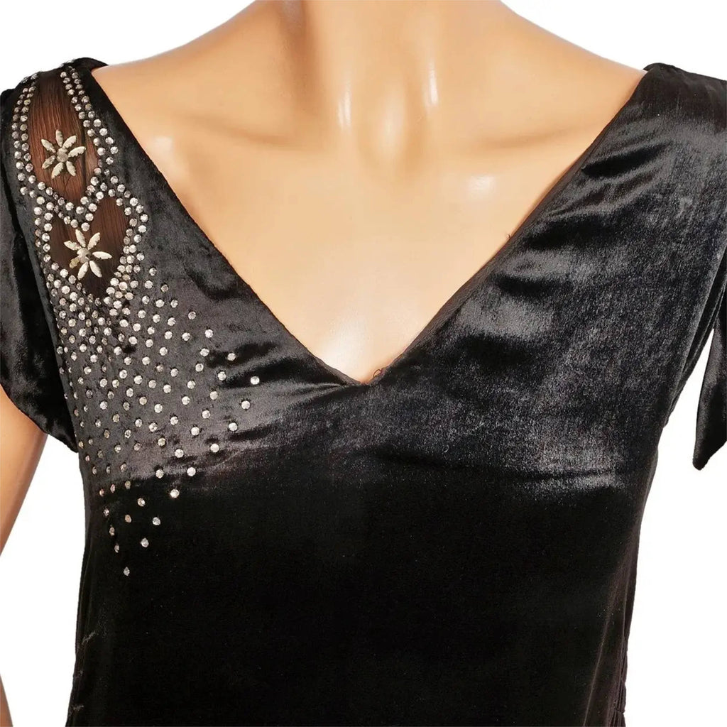 Vintage 1920s Evening Gown Black Panne Velvet Formal Dress M