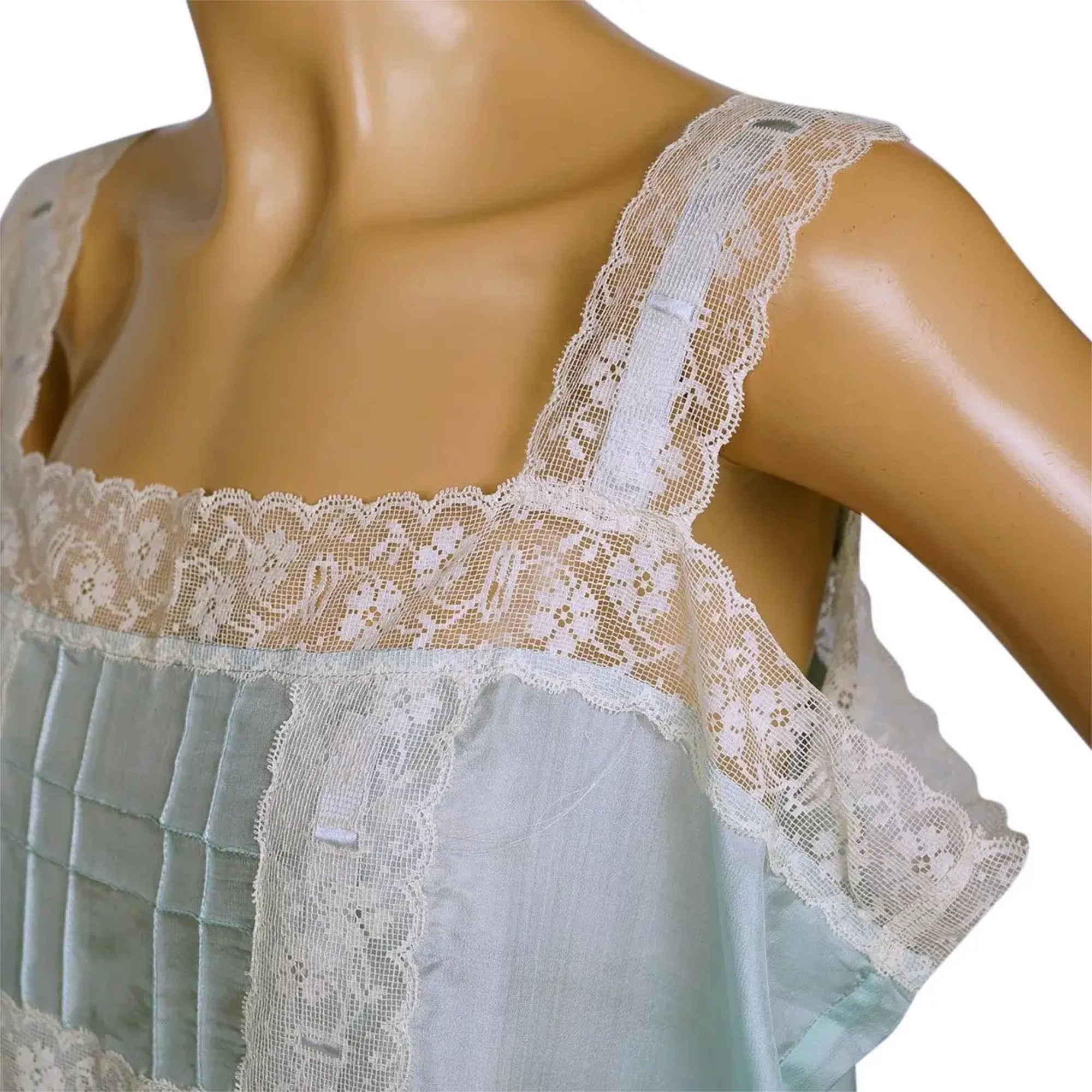 Vintage 1920s Flapper Slip Turquoise Pongee Silk w Lace Trim