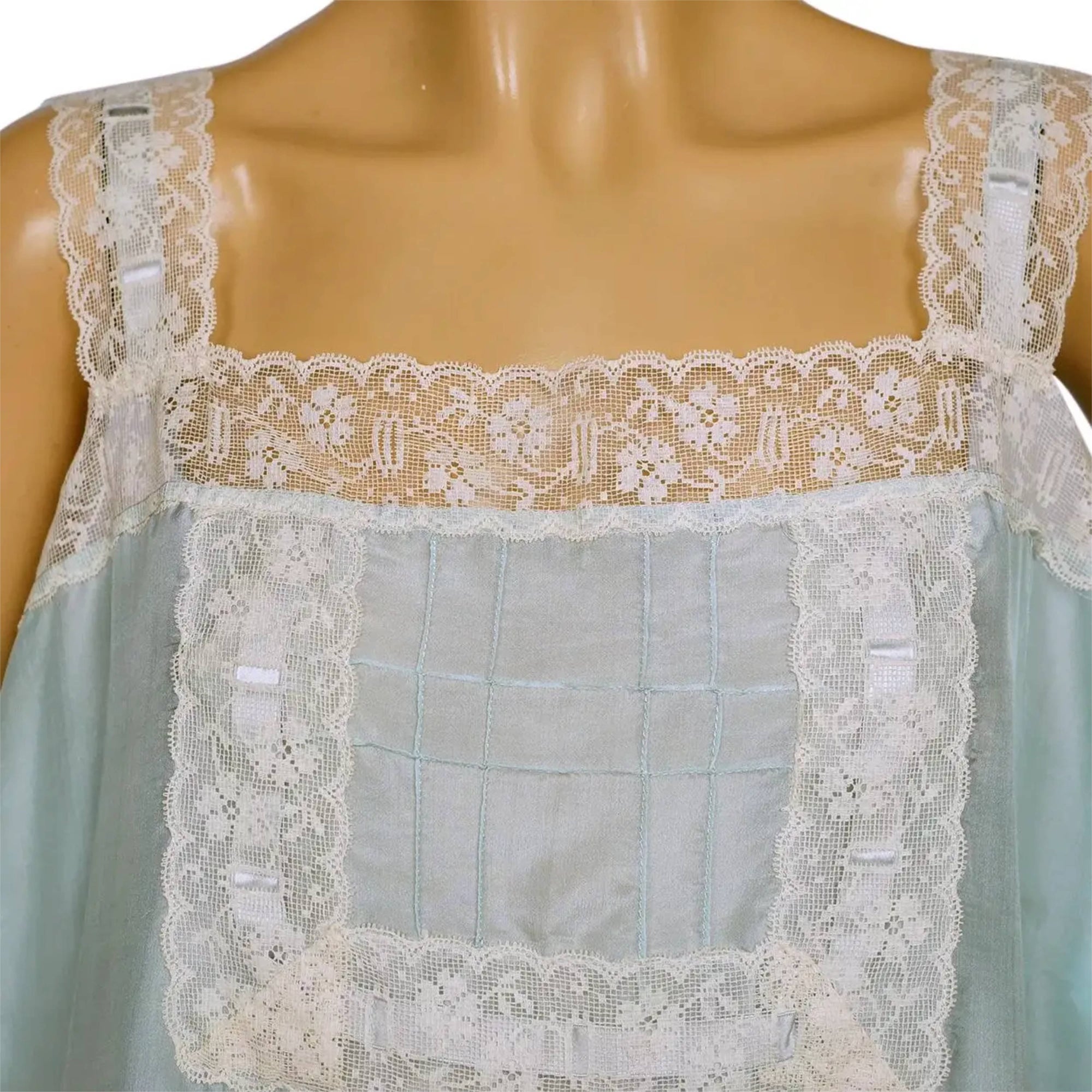 Vintage 1920s Flapper Slip Turquoise Pongee Silk w Lace Trim