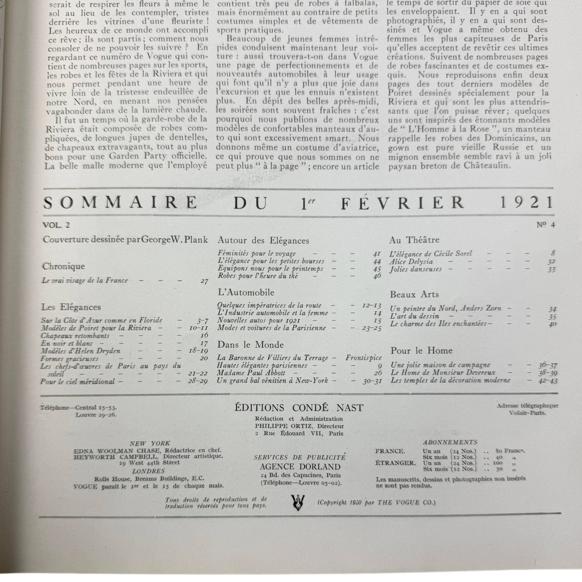 Vintage 1921 Vogue France February Issue Incomplete George W. Plank Cover