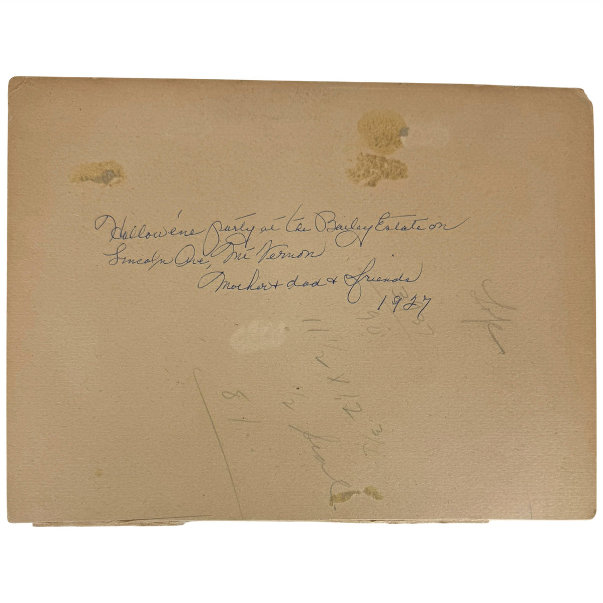 Handwritten 1927 Halloween Party at Bailey Estate Mount Vernon inscription on reverse