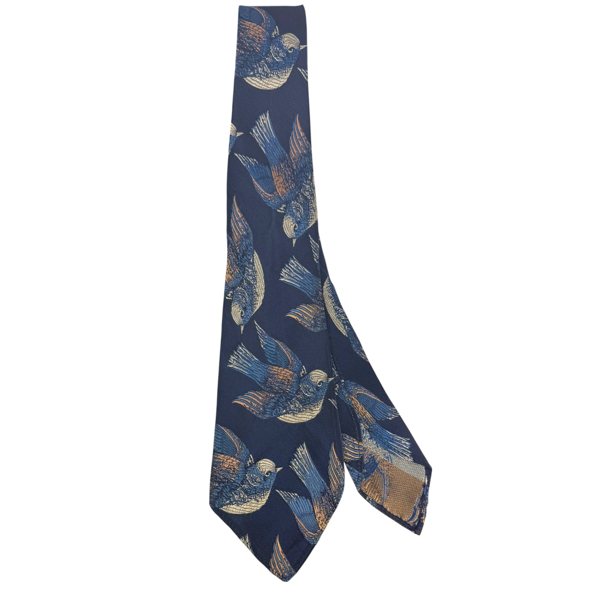 Vintage 1930s Art Deco novelty tie with woven bird motif on navy blue ground