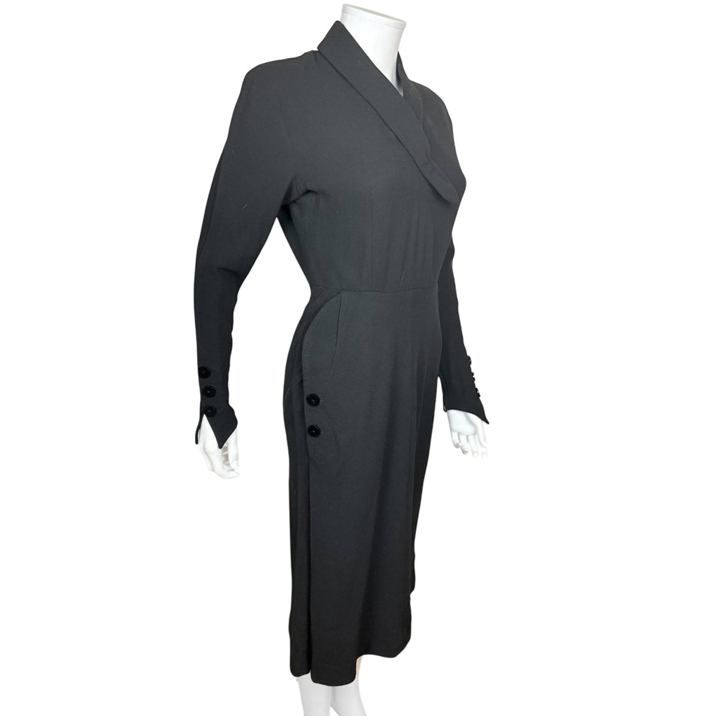 Vintage 1930s Day Dress Black Wool Crepe Size M