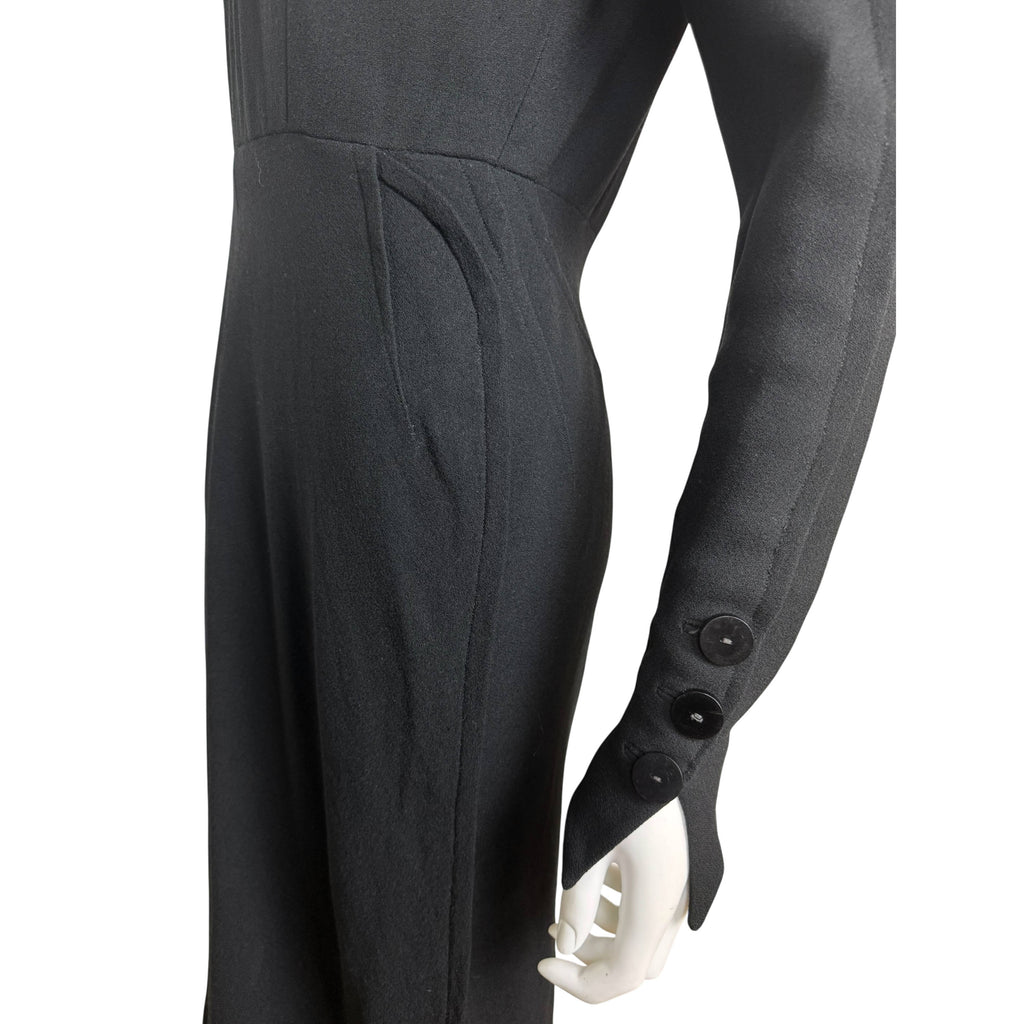 Vintage 1930s Day Dress Black Wool Crepe Size M
