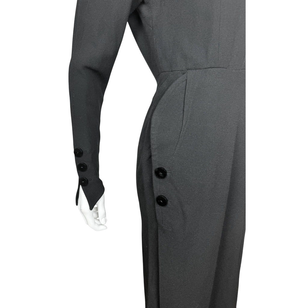 Vintage 1930s Day Dress Black Wool Crepe Size M