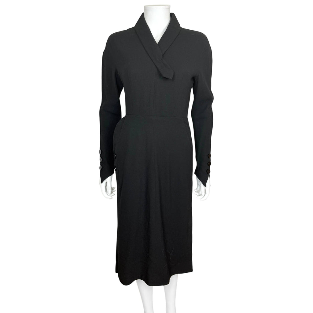 Vintage 1930s Day Dress Black Wool Crepe Size M