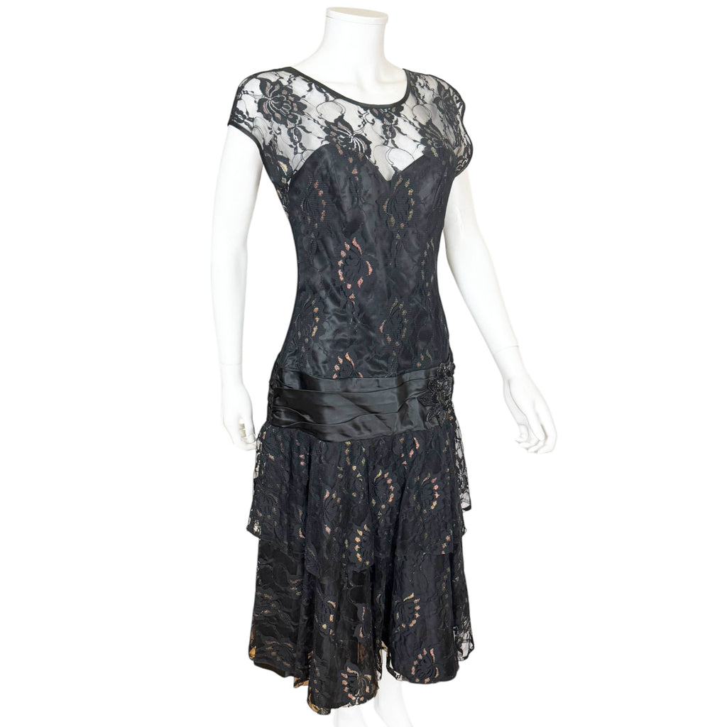 Vintage 1930s Style Evening Gown Black Chantilly Lace Size M