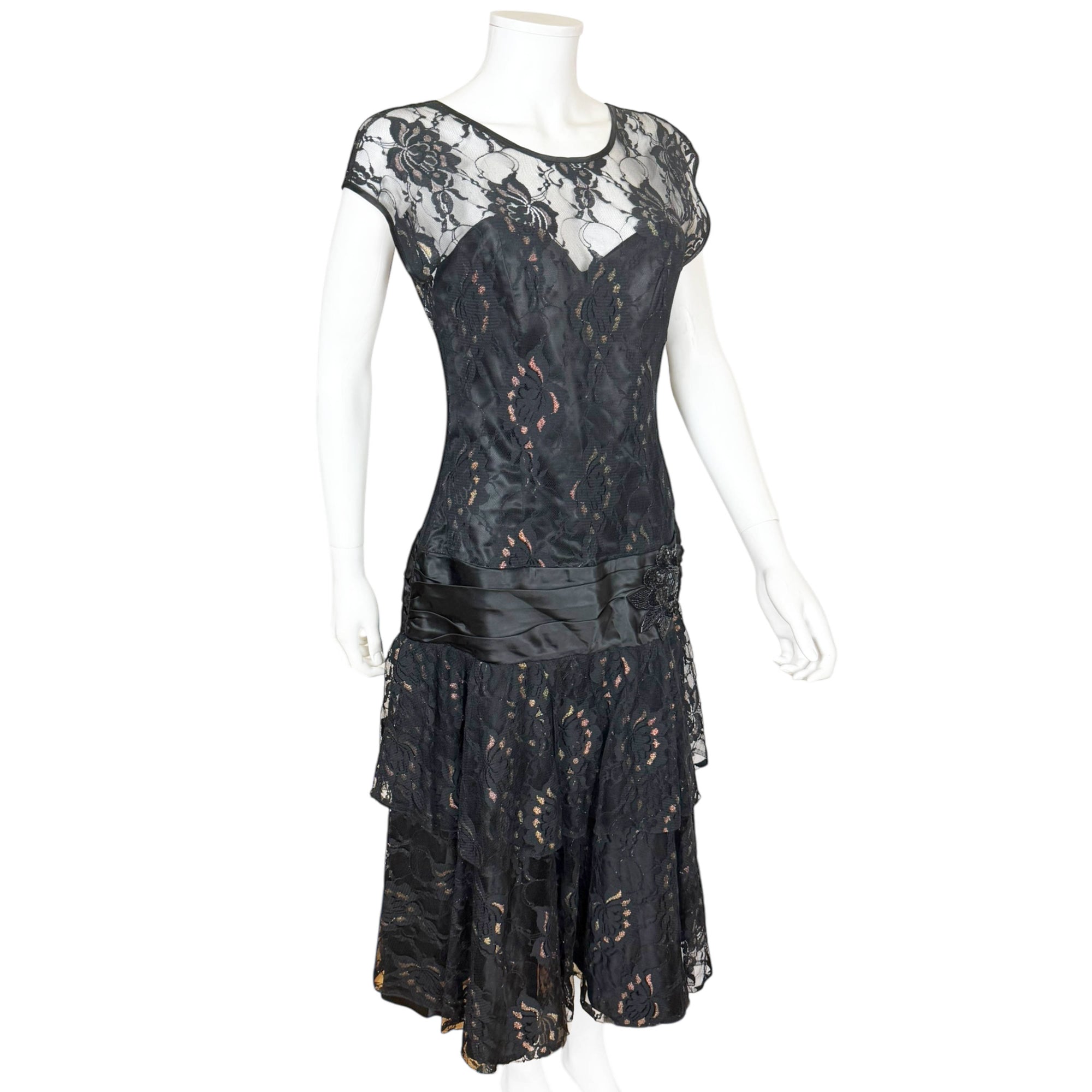 Vintage 1930s Style Evening Gown Black Chantilly Lace Size M