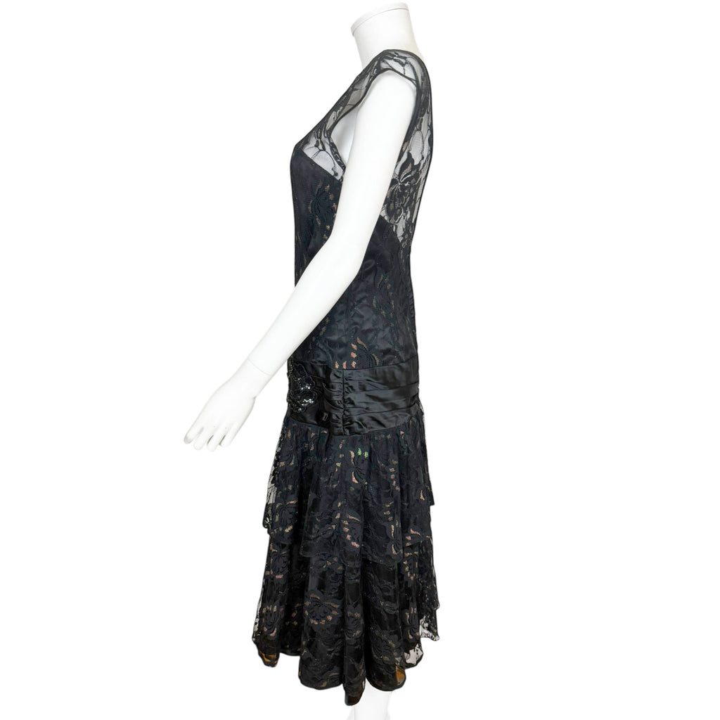 Vintage 1930s Style Evening Gown Black Chantilly Lace Size M