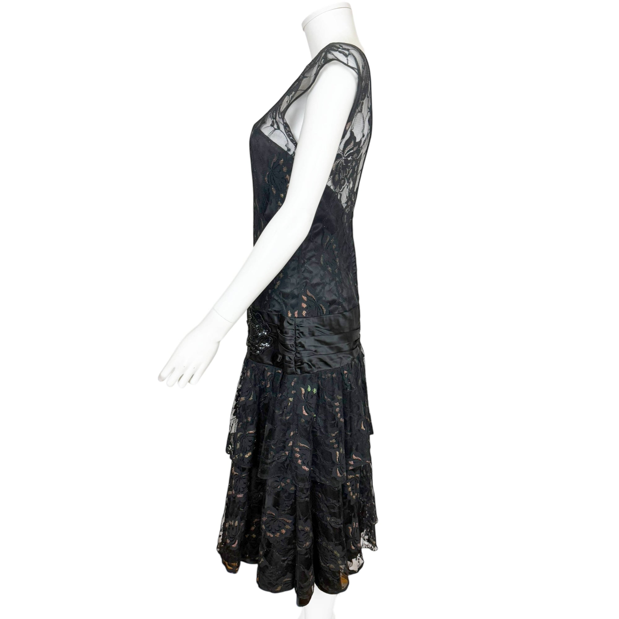 Vintage 1930s Style Evening Gown Black Chantilly Lace Size M