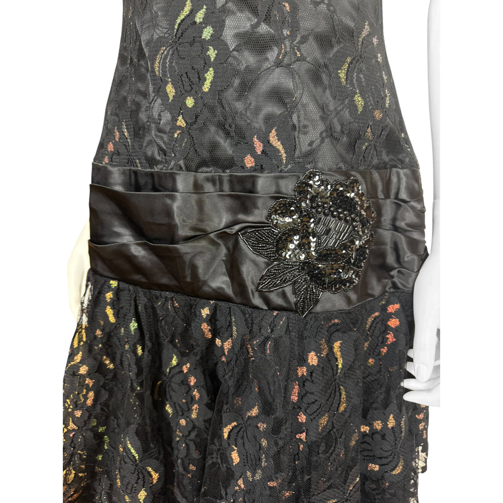 Vintage 1930s Style Evening Gown Black Chantilly Lace Size M