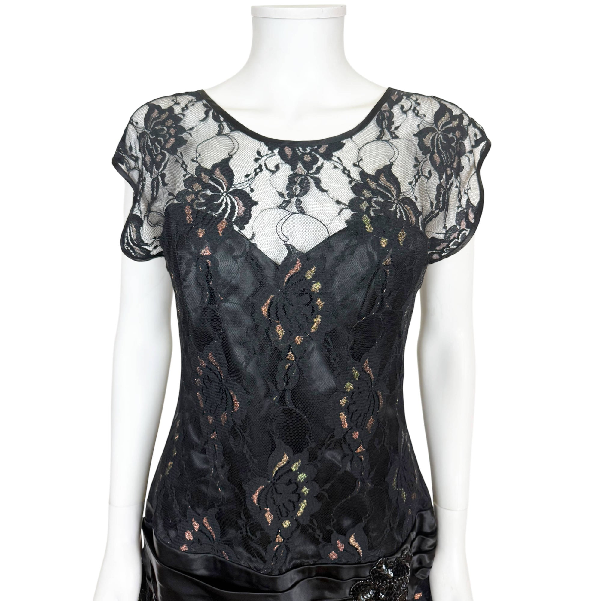 Vintage 1930s Style Evening Gown Black Chantilly Lace Size M