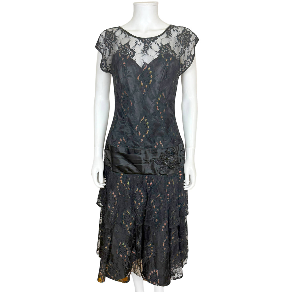Vintage 1930s Style Evening Gown Black Chantilly Lace Size M
