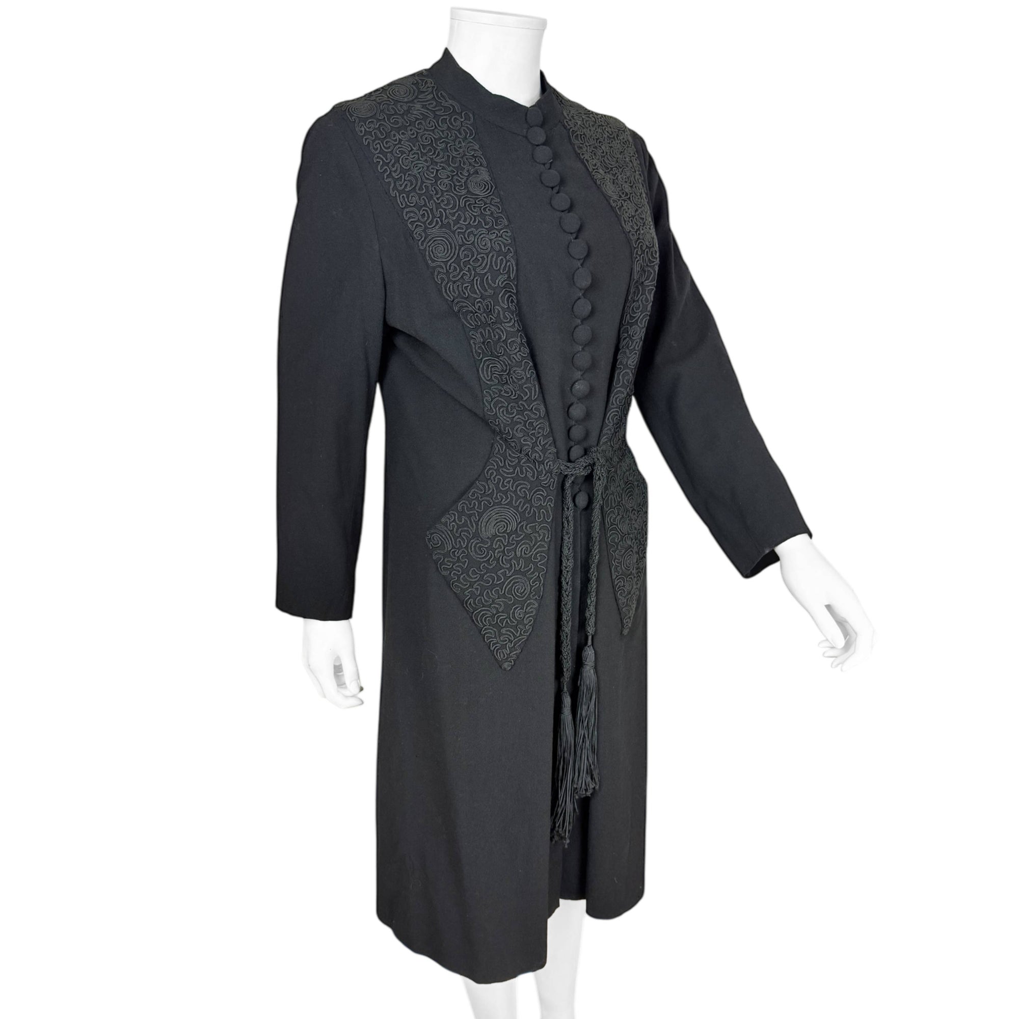 Vintage 1930s Black Dress Coat with Soutache Size M