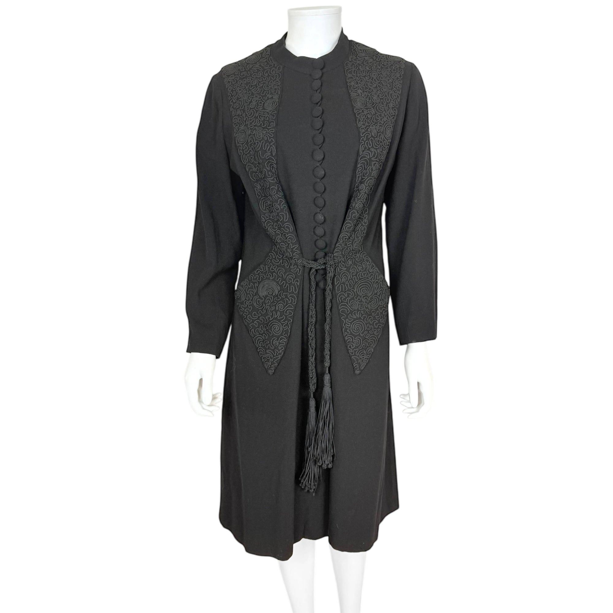 Vintage 1930s Black Dress Coat with Soutache Size M