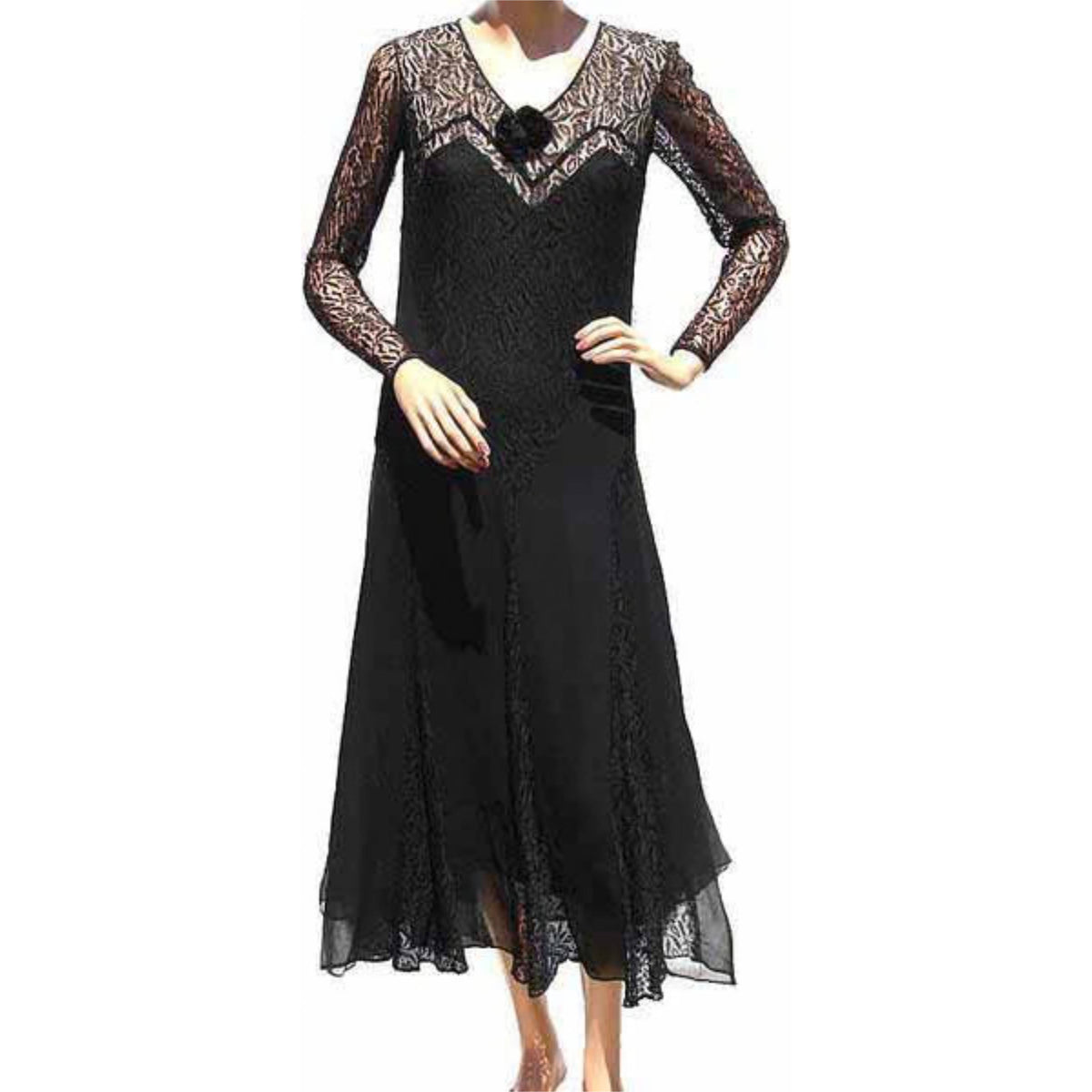 vintage 1930s black long-sleeve midi dress with sheer lace sleeves and a lace V-neckline