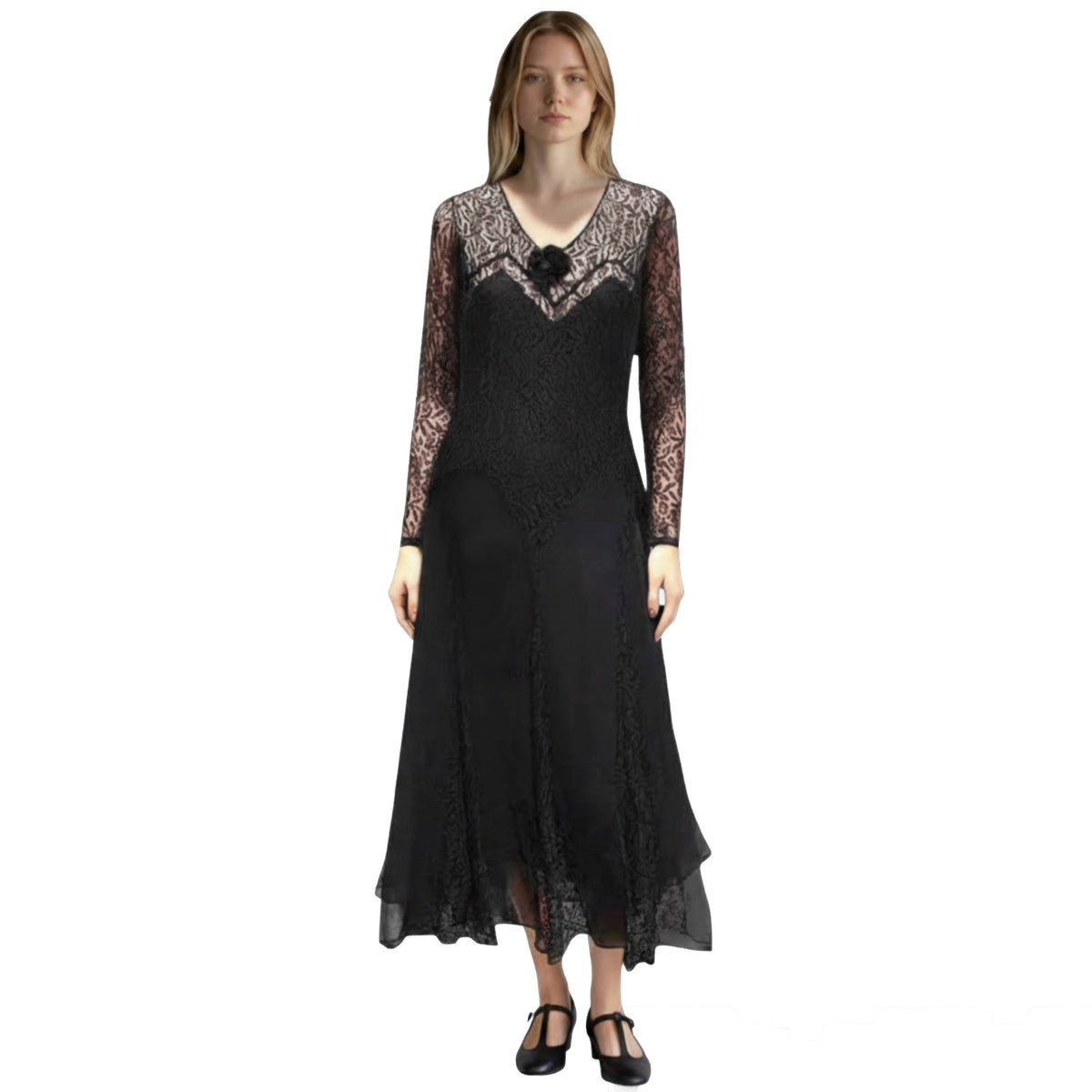Vintage 1930s Black Lace and Chiffon Dress with Art Deco Styling