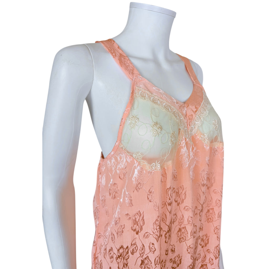 Vintage 1930s Negligee Peach Rayon Jacquard with Lace & Net Bust, Art Deco Lingerie