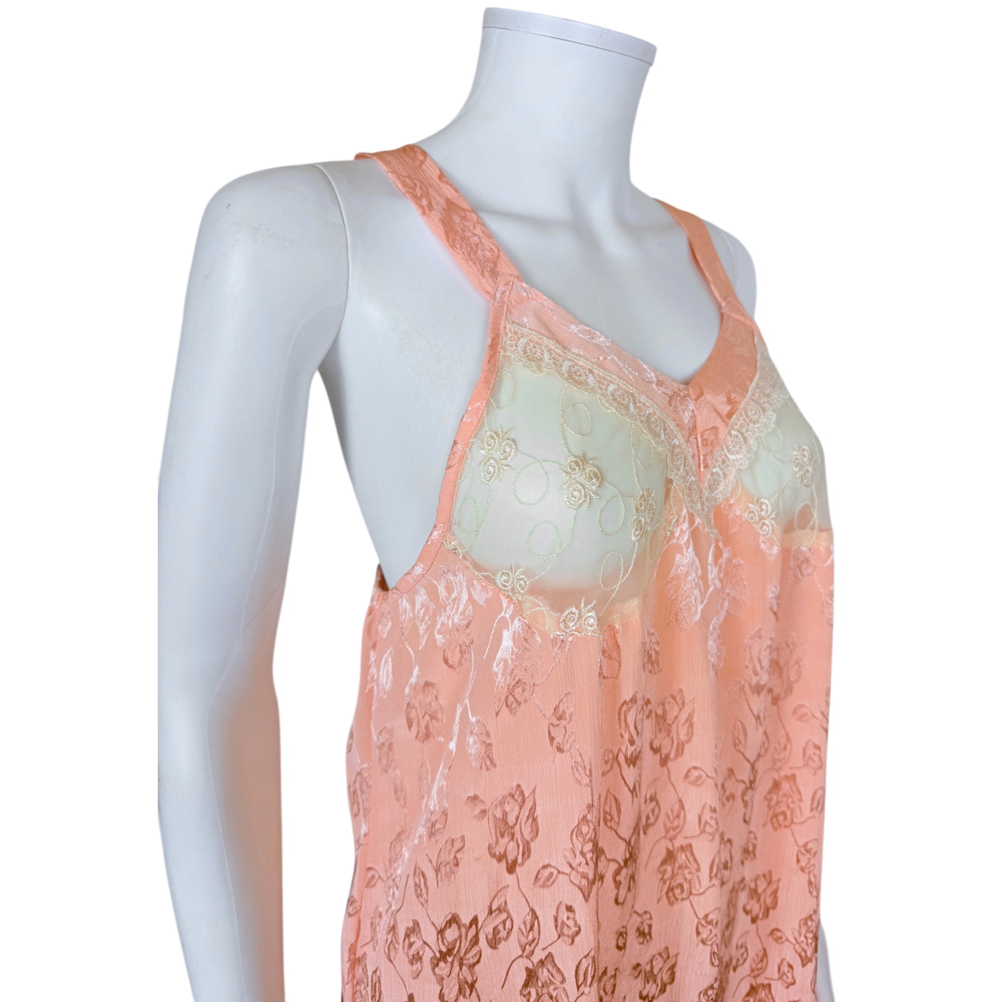 Vintage 1930s Negligee Peach Rayon Jacquard with Lace & Net Bust, Art Deco Lingerie