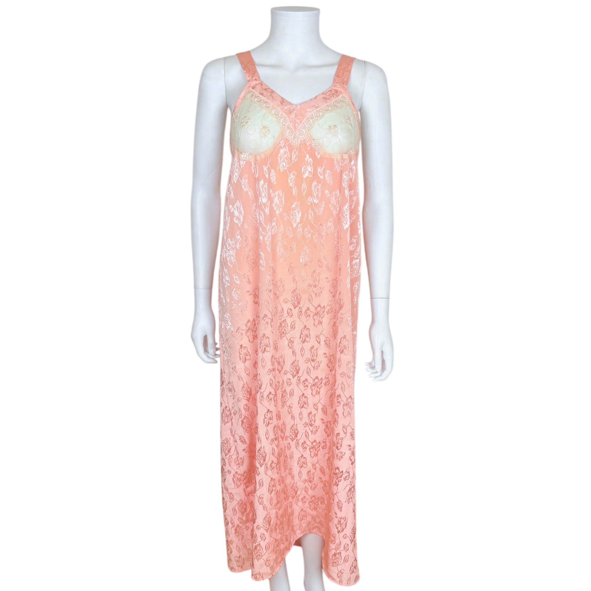 Vintage 1930s Negligee Peach Rayon Jacquard with Lace & Net Bust, Art Deco Lingerie