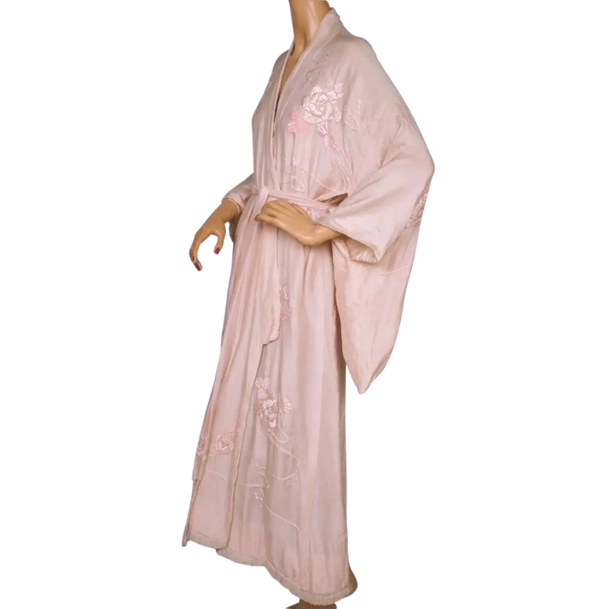 Vintage Japanese Silk Kimono Floral Embroidery Robe Size M L