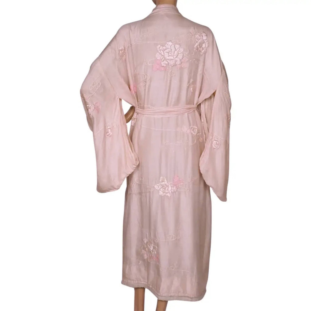 Vintage Japanese Silk Kimono Floral Embroidery Robe Size M L