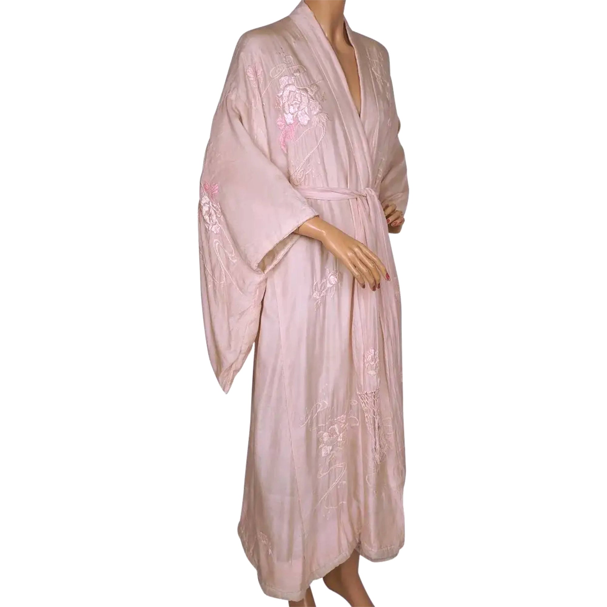 Vintage Japanese Silk Kimono Floral Embroidery Robe Size M L