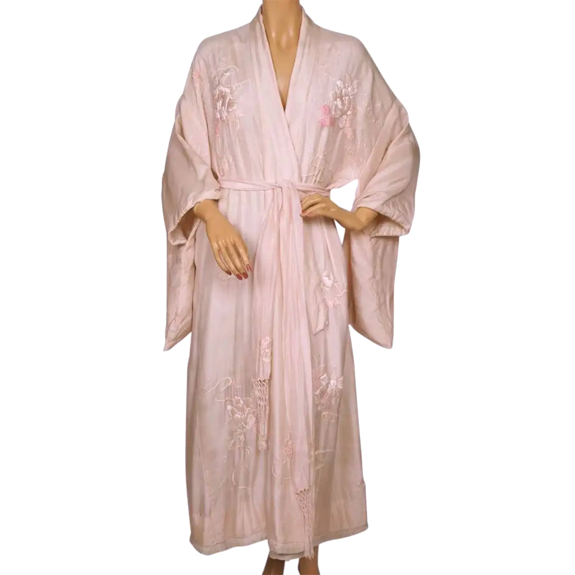 Vintage Japanese Silk Kimono Floral Embroidery Robe Size M L