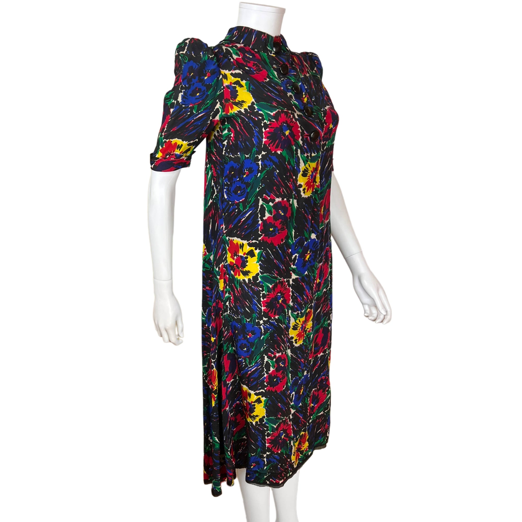 Vintage 1930s Day Dress Floral Printed Silk Size M