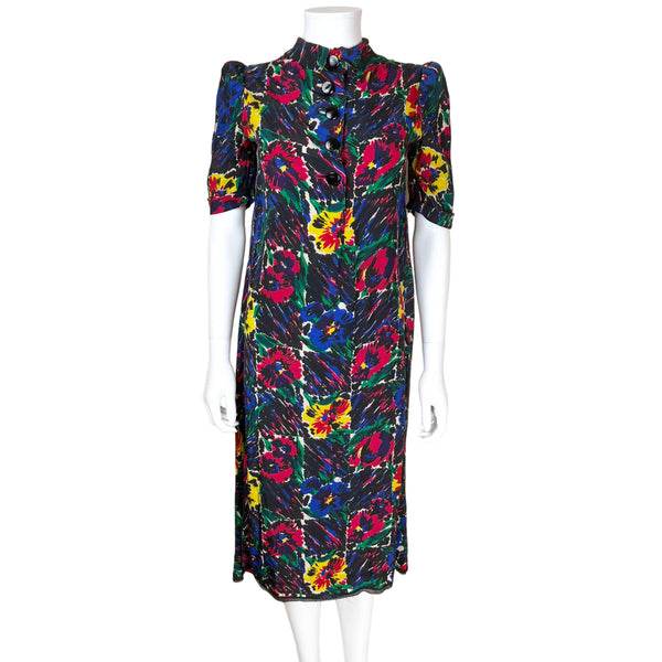Vintage 1930s Day Dress Floral Printed Silk Size M