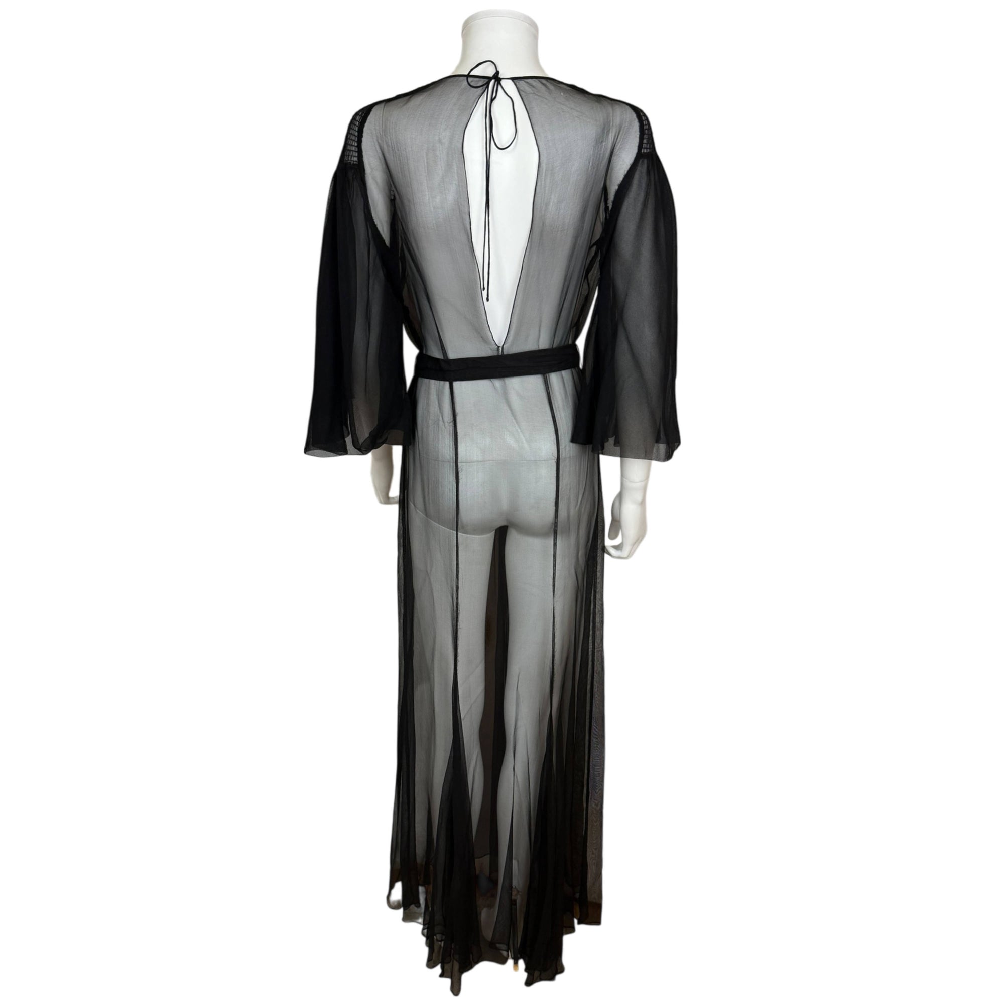 Vintage 1930s Evening Dress Black Silk Chiffon w Chain Belt