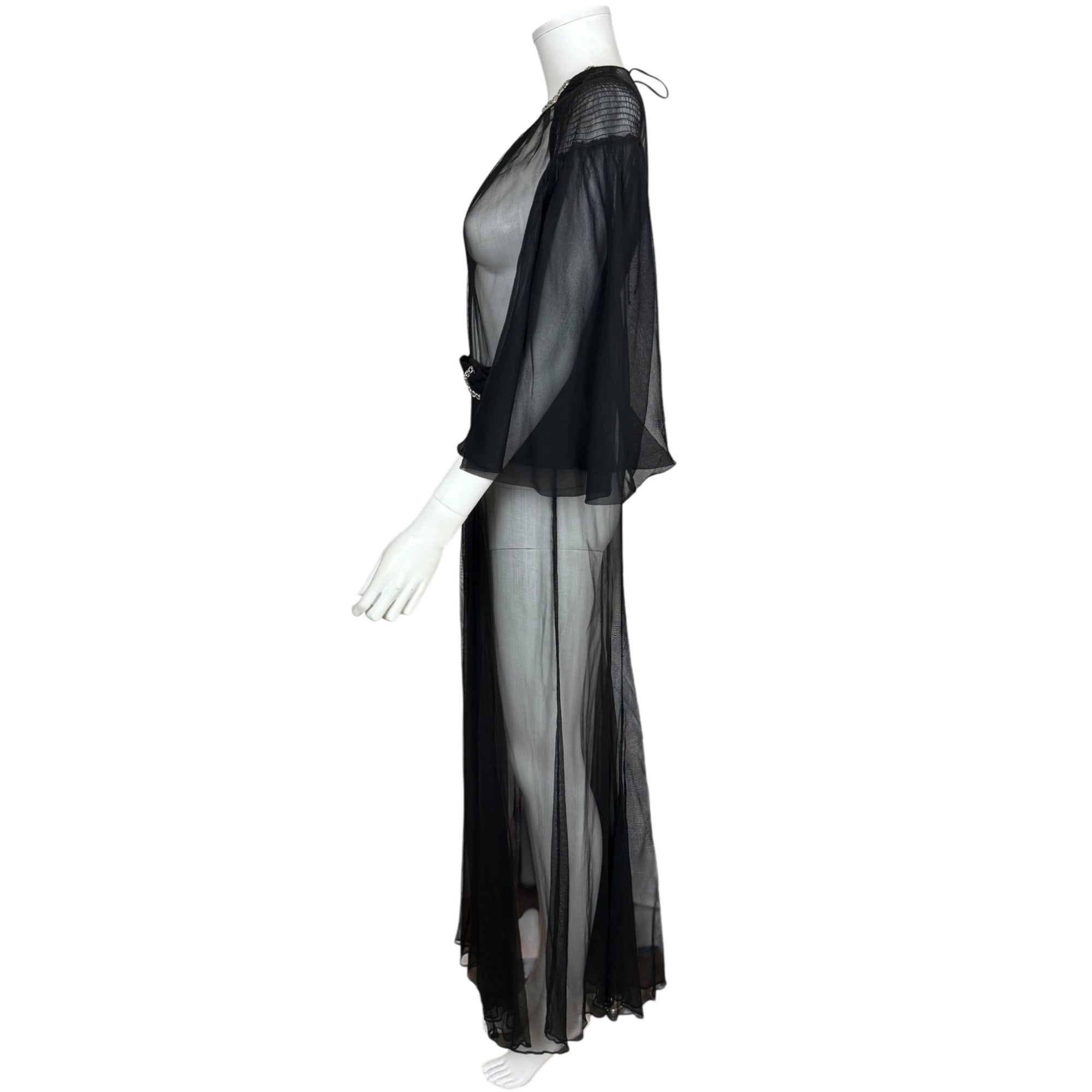 Vintage 1930s Evening Dress Black Silk Chiffon w Chain Belt